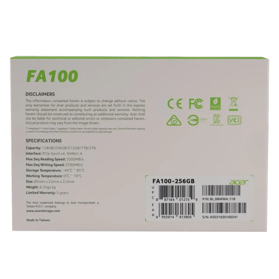 Acer FA100 PCIe NVMe 256GB Bilgisayar Çevre Birimleri